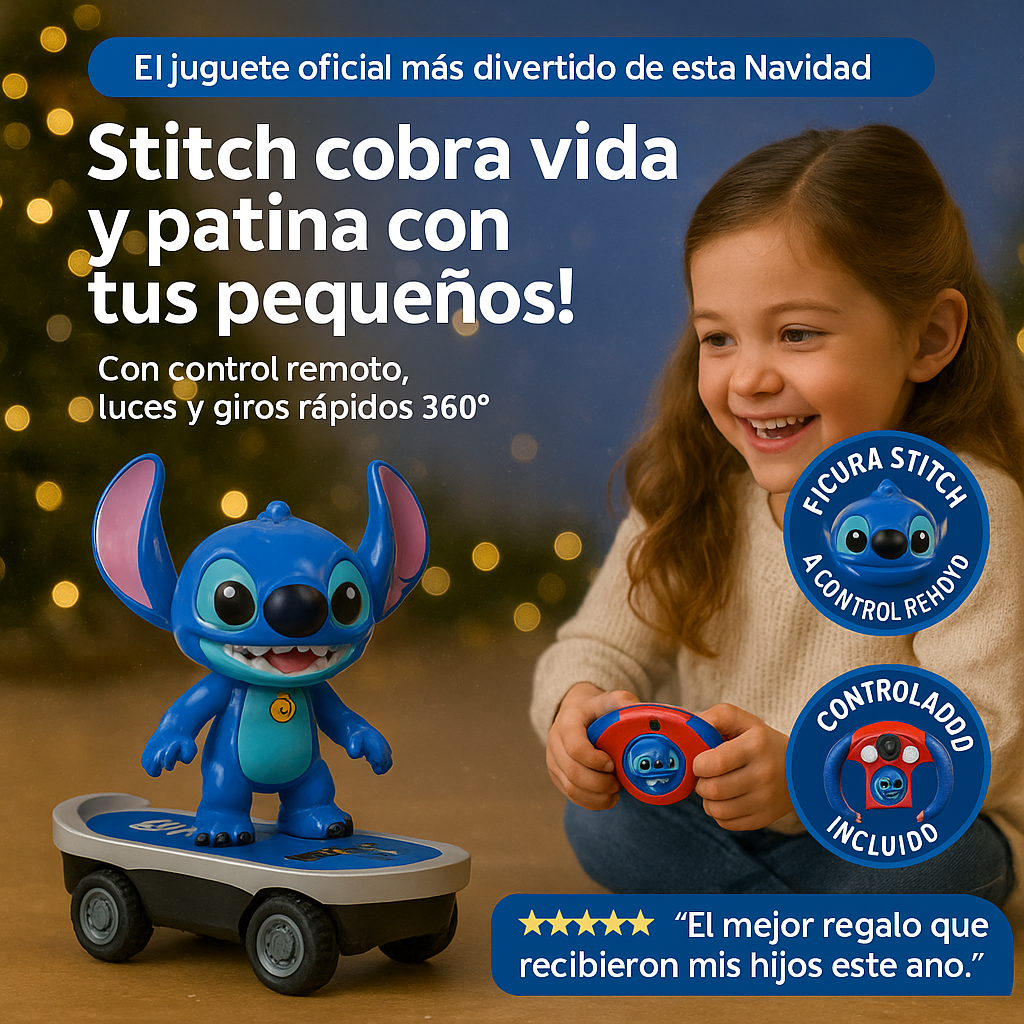 Juguete de Stitch en patineta con control remoto, luz y movimiento. 🛹